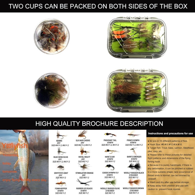 Yttflyfish Fly Fishing Flies Assortment Kit, 42 Pieces of Dry, Wet, Nymphs, Streamers, Wooly Buggers, Terrestrials, for Trout Bass Salmon Steelhead, with Silicone Fly Box, Fly Fishermen Gift - Image 4